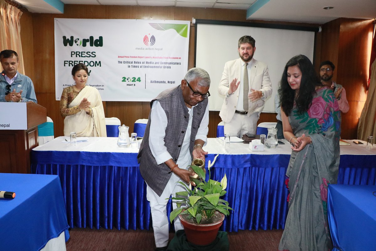 The #wpfd2024 commemorated with the launch of the   #PressFreedom  report, featuring insightful remarks from 🇳🇵Minister for Forests &amp; Environment Nawal Kishore Sah, <a href="/CroftMJC/">Michael Croft</a>,  UNESCO Rep. to Nepal, Sr. Journalist <a href="/dhrubahari/">Dhruba H. Adhikary</a>, our Vice-Chair Priyanka Jha 
mediaactionnepal.org/media-action-n…