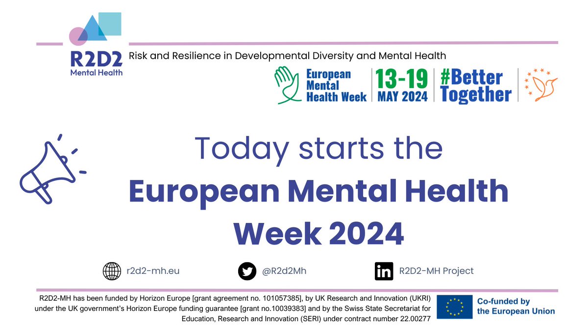 📢 #EuropeanMentalHealthWeek: cocreating the future of mental health!

#Cocreation is at the core of what we do: @R2d2Mh partners work 🤝 with 2️⃣  #cocreation groups representing neurodivergent adolescents, adults and family members.

👉r2d2-mh.eu

#HorizonEU