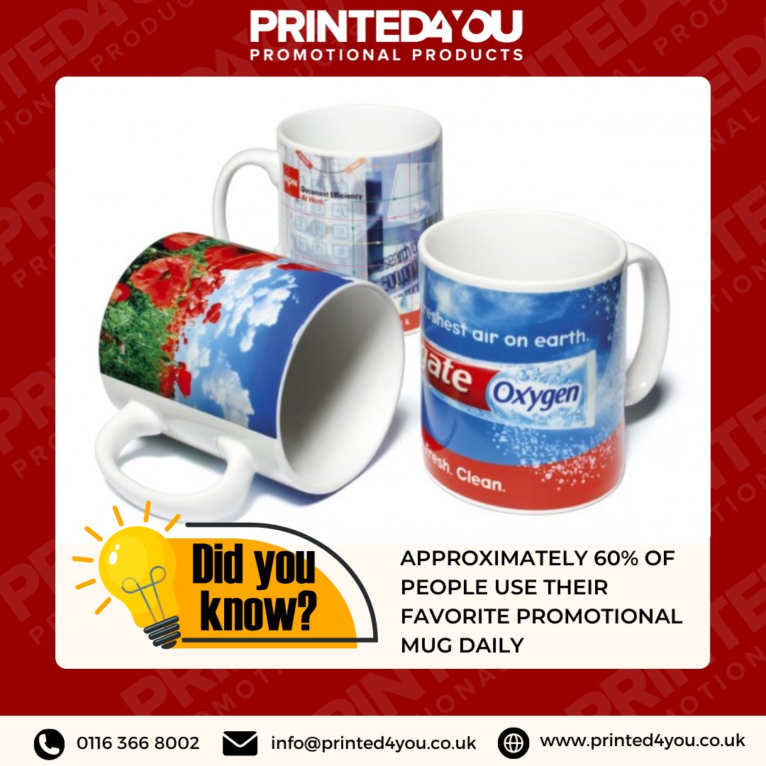 Approximately 60% of people use their favorite promotional mug daily.
.

#marketing #marketingdigital #marketingtips #marketingonline #marketingstrategy #marketing101 #marketingagency #marketingplan #marketingsocial #marketingmultinivel #marketingtools #marketingteam