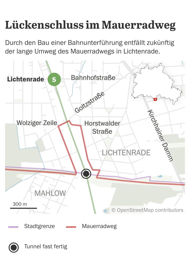 Yeah! Der Tunnel für den Fuss- und Radverkehr am #Mauerweg unter der Dresdener Bahn ist fast fertig. Zukünftig werden 3 km Umweg über Kopfsteinpflaster in Lichtenrade gespart! Es fehlen nur noch ein paar Meter Asphalt zur Anbindung an Blankenfelde-Mahlow! 
tagesspiegel.de/berlin/gruner-…