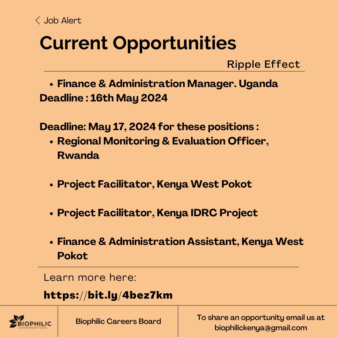 🌍 Join Ripple Effect ! 🌟 They are hiring! Check out available positions below. ✨ Benefits: - Pension - Generous annual leave - Training & development - Medical insurance - Competitive daily allowance 📧Apply and learn more :- bit.ly/4bez7km #Jobs #Africa