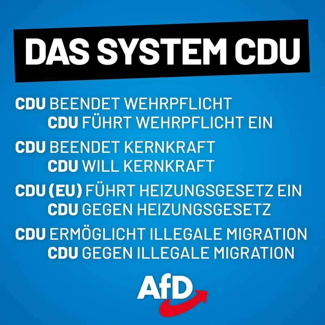 Denkt immer daran: Es ist die CDU, die viele unserer Probleme verursacht hat. 
Es gibt nur eine Alternative - unsere AfD!

#CDU #Migration #Kernkraft #Wehrpflicht