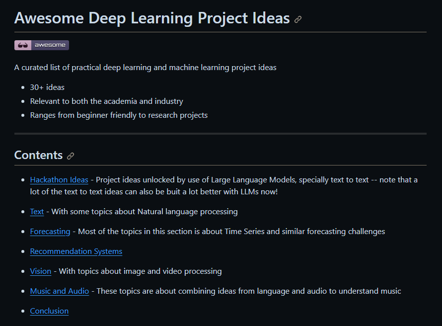 👉 Awesome Deep Learning Project Ideas A Handpicked collection of 30+ Natural Language Processing, Recommender Systems, Deep Learning and Machine Learning Project Ideas. 🔗 github.com/NirantK/awesom…