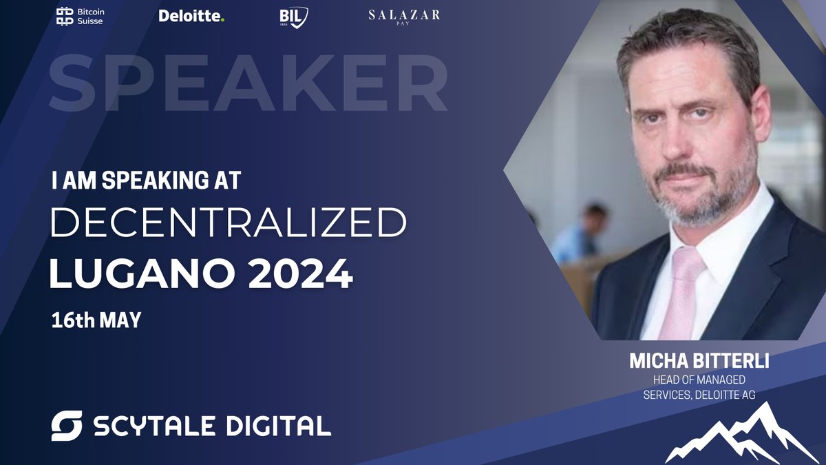 Excited to announce that I'll be taking the stage at #decentralizedlugano 2024 on May 16th, hosted by @scytaledigital and supported by @BIL_LUX, @Deloitte, @BitcoinSuisseAG & Salazar Pay!