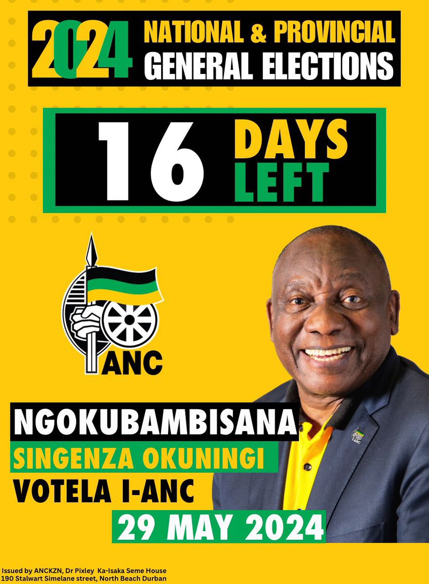 16 Days to go until the 2024 National and Provincial Elections on the 29th of May 2024! 1st Ballot: #VoteANC ❎ 2nd Ballot: #VoteANC ❎ 3rd Ballot: #VoteANC ❎ #VoteANC2024 #LetsDoMoreTogether ⚫️🟢🟡