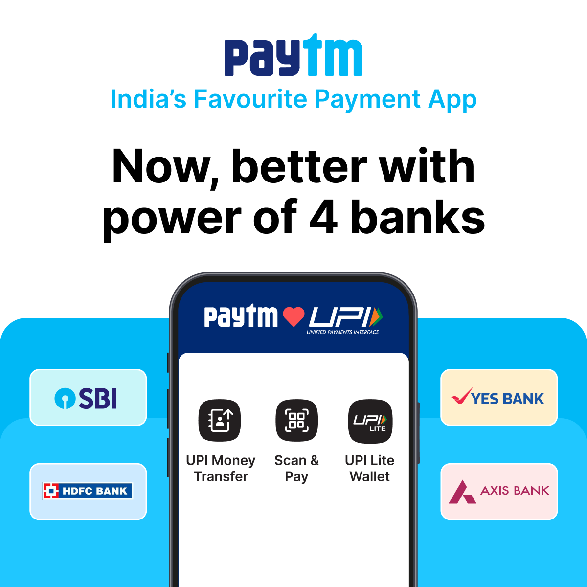 Paytm is now powered by four leading banks! 🚀

Experience smoother UPI payments, enhanced security and assured cashback! Explore now: p.paytm.me/xCTH/Paytmkaro 

#PaytmKaro