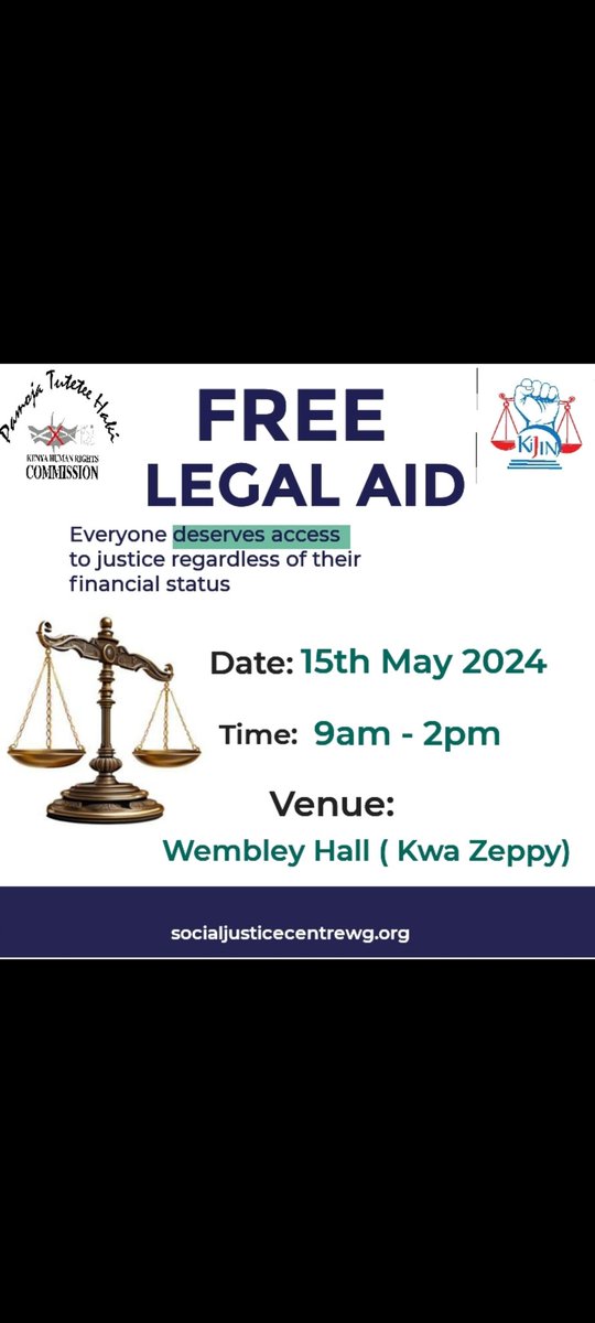 To the Public and Kiambiu Residents: 
There shall be a free legal aid clinic in Kiambiu. 
Thanks to the support of <a href="/UhaiWetu/">Social Justice Centres Working Group</a> <a href="/thekhrc/">KHRC</a> and the <a href="/GBVcommittee/">SOCIAL JUSTICE CENTERS GBV Committee.</a> . 
We invite members of the public to come and seek legal advice. #accesstojustice