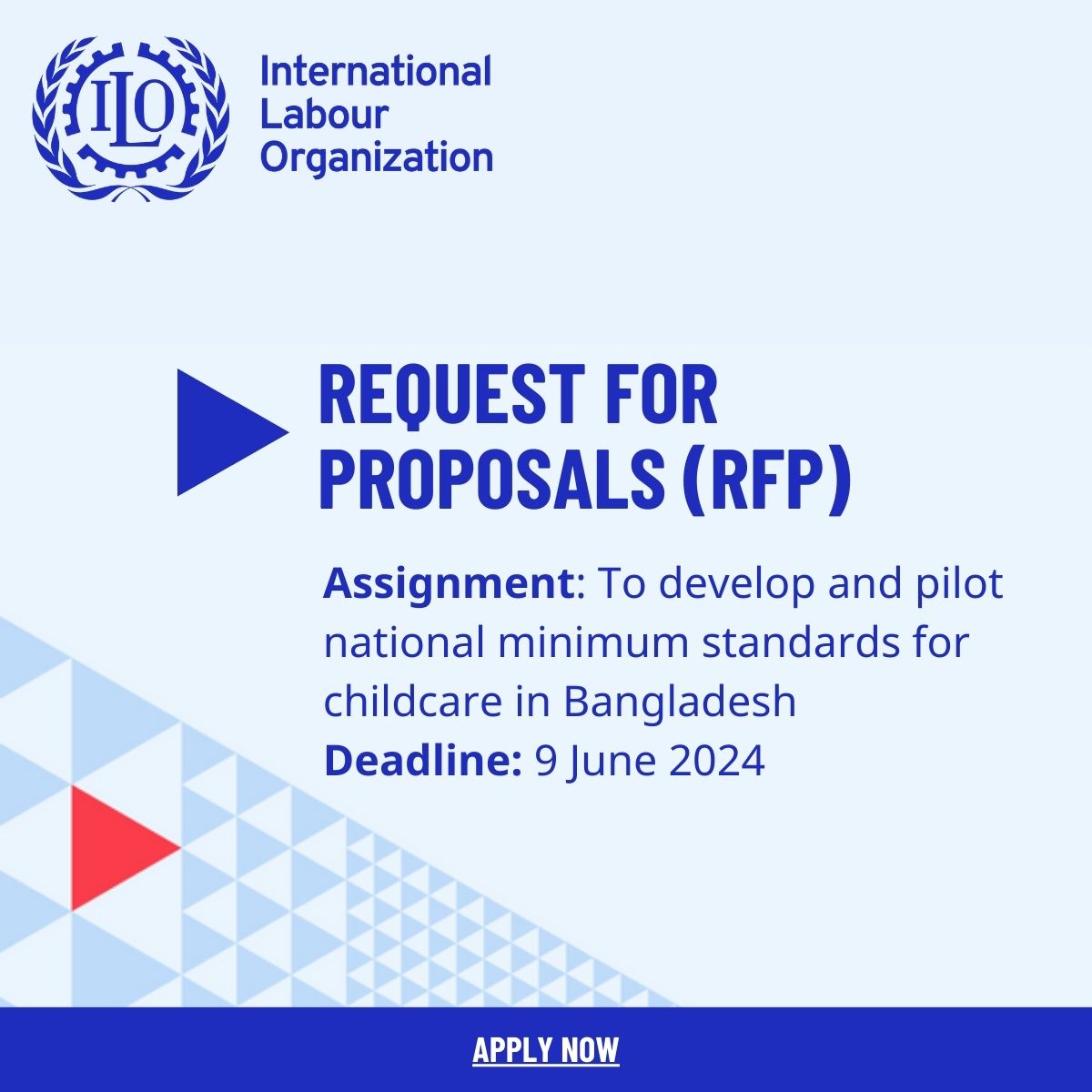 The ILO seeks to hire a research or consulting firm to develop and help pilot national minimum #standards for #childcare for Bangladesh. For more information and to submit a proposal, please visit 👉 ungm.org/Public/Notice/…