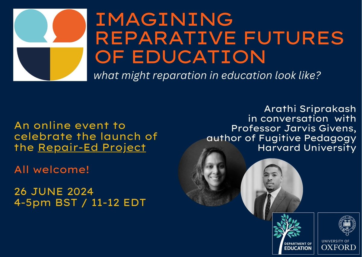 ✨ Excited to invite you to the online launch of the Repair-Ed project! I'll be in conversation with the incredible @jarvisrgivens, discussing reparative futures of education. All welcome, please share! 26 June, 4-5 UK time. Info & Register here: repair-ed.uk/launch/