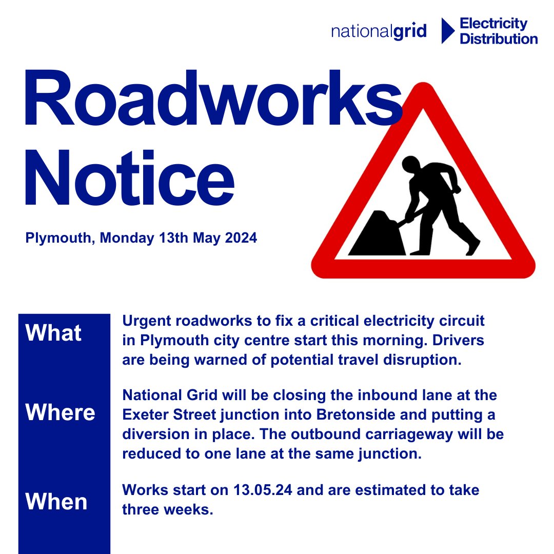 WORKS NOTICE: #Plymouth start today at 10am. To fix this urgent, critical electricity circuit, we will be closing the inbound lane at the Exeter St junct into Bretonside, with a diversion in place. The outbound carriageway will be reduced to 1 lane. Work may take up to 3 weeks.