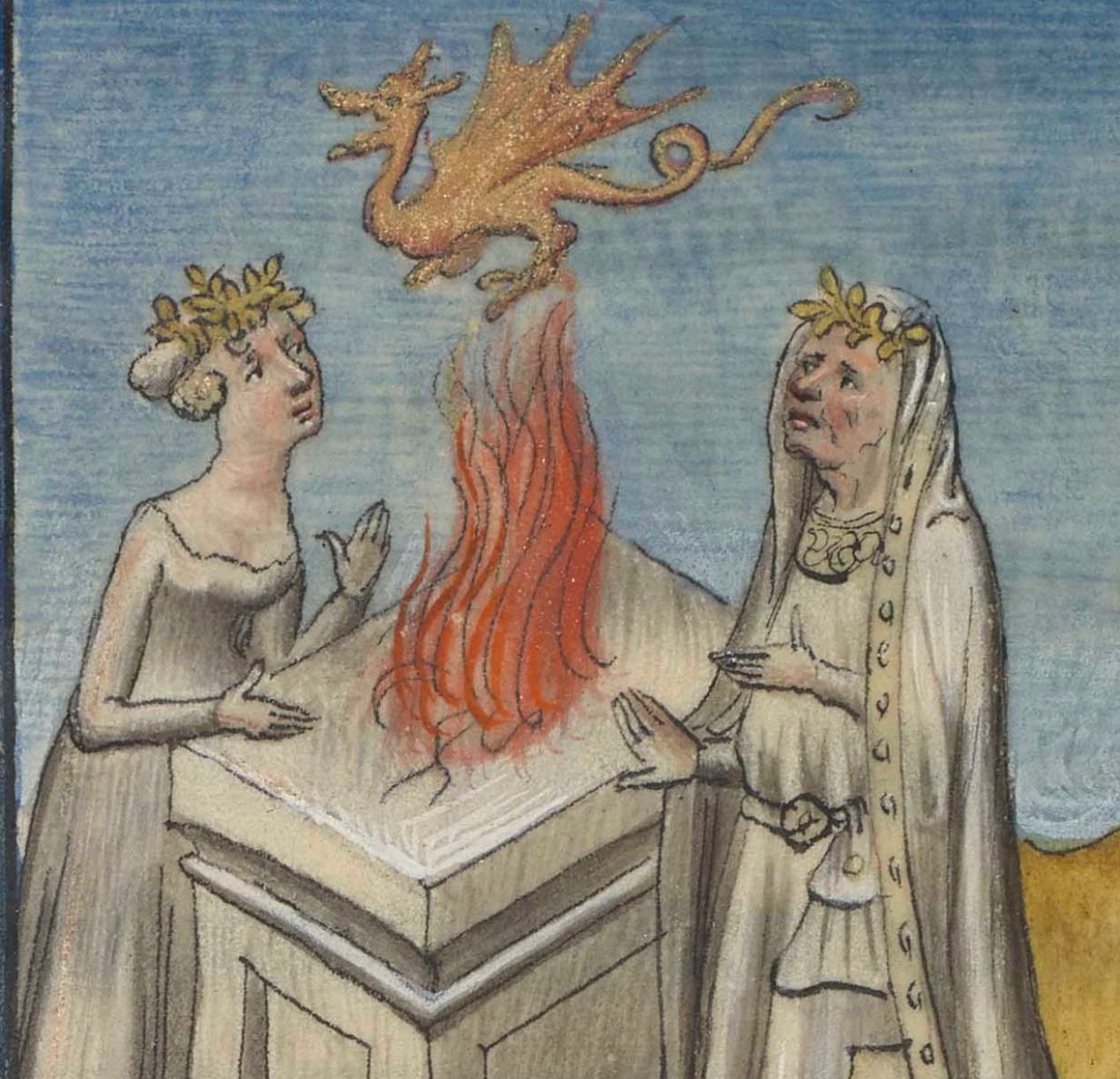 on-beornan, str.v: to set fire to, to kindle; to inflame. (on-BEH-or-nahn / ɔn-ˈbɛɔr-nan) Image: Statius’ Thebaid and Achilleid; France (Paris), early 15th century; @BLMedieval Burney MS 257, f. 169v. #OldEnglish #WOTD