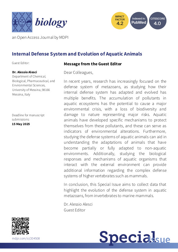 🥳 We are delighted to have Dr. Alessio Alesci (from @unimessina) as the guest editor of Special Issue 'Internal Defense System and Evolution of Aquatic Animals'. Submit your research at brnw.ch/21wJIcM #aquaticlife #defensemechanisms #evolution 🌊🐟🦈🐬