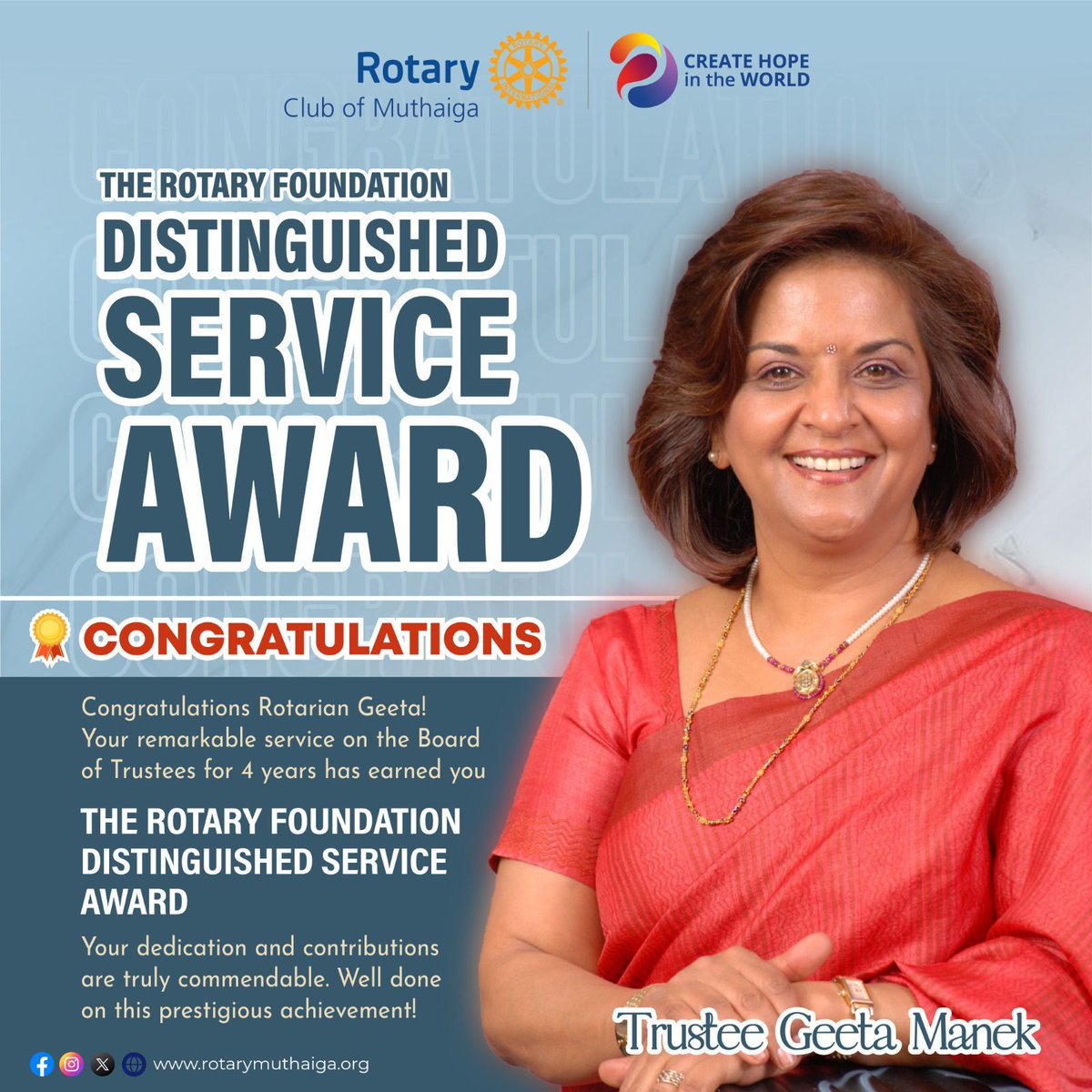 Congratulations PDG Geeta on receiving The Rotary Foundation Distinguished Service Award! Your dedication and hard work in serving the community through Rotary is truly inspiring. 
#weareone #creathopeintheworld #proudrotarians #blessedachievements