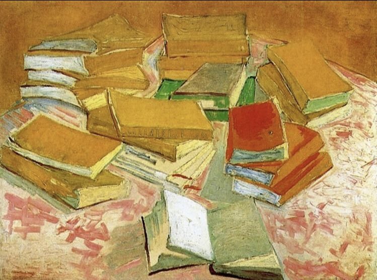 @ruth_millington There’s this one too: Piles of French Novels, 1888. Apparently van Gogh described his collection of Parisian yellow novels as “a great source of light” though I can’t find the ref for that quote, but I imagine he appreciated the way the yellow covers reflected & brightened light