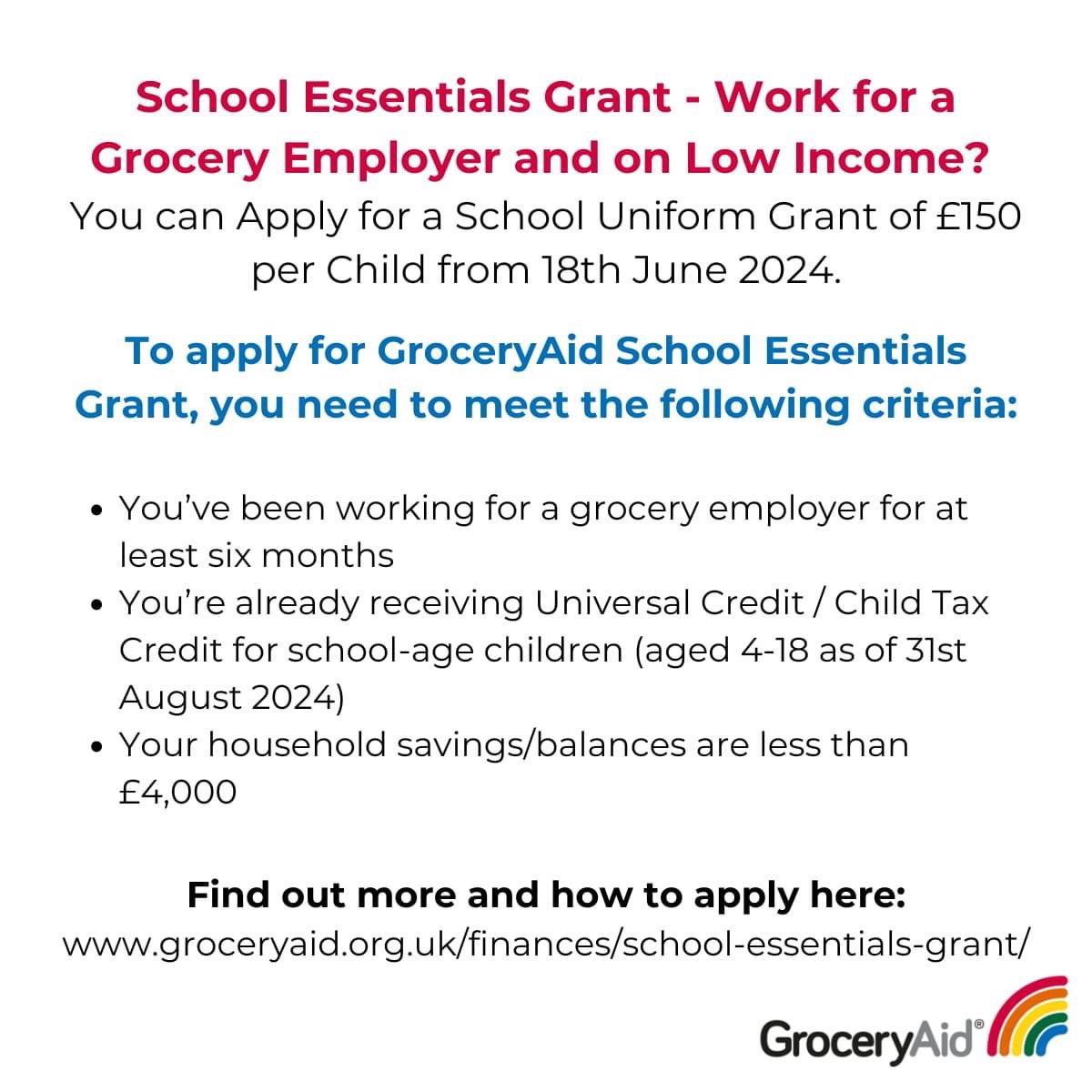 Work in the Grocery Industry? You can apply for a School Uniform Grant of £150 per Child from 18th June tinyurl.com/538h3wnb