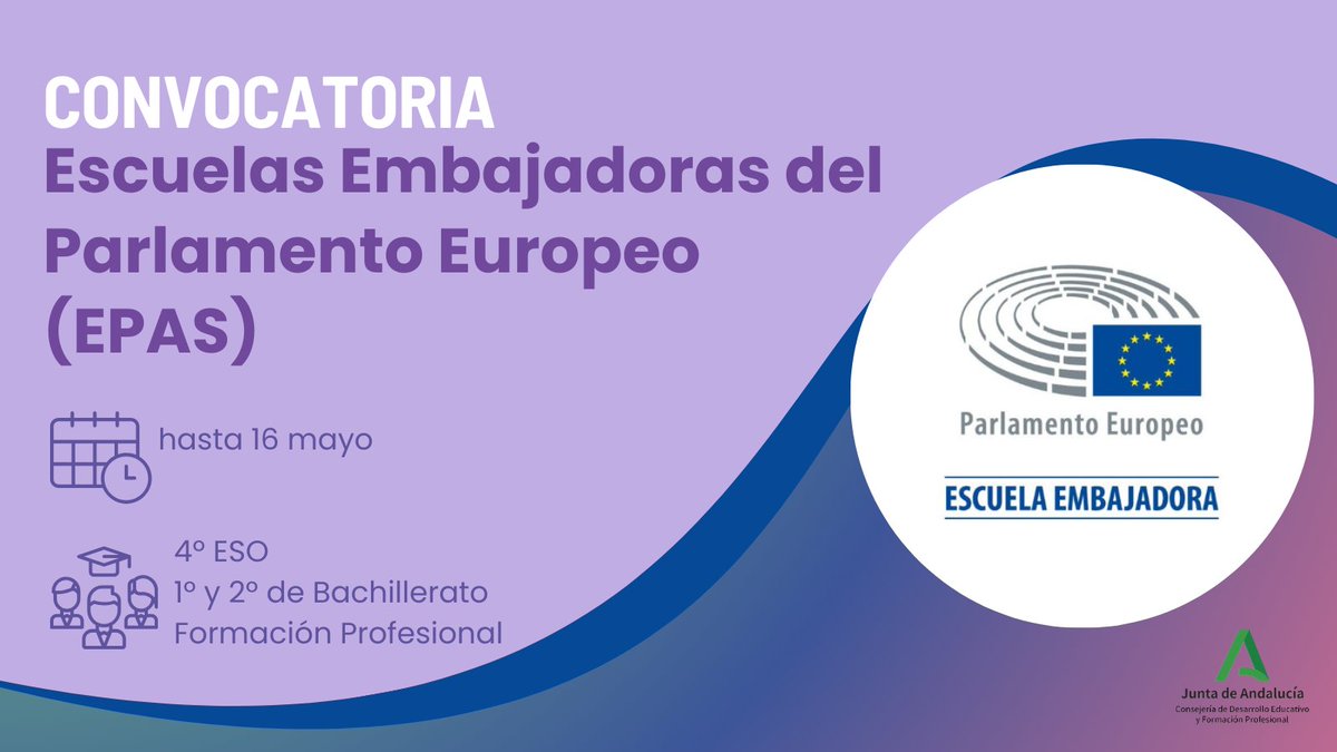 ¿Te animas a que tu centro educativo sea Escuela Embajadora del Parlamento Europeo (EPA)? 🏫🇪🇺 Ya tienes disponible el formulario de inscripción ✍️ 🗓️ Hasta el 16 de mayo. Toda la información 👉 lajunta.es/4s1bw #pluriAnd