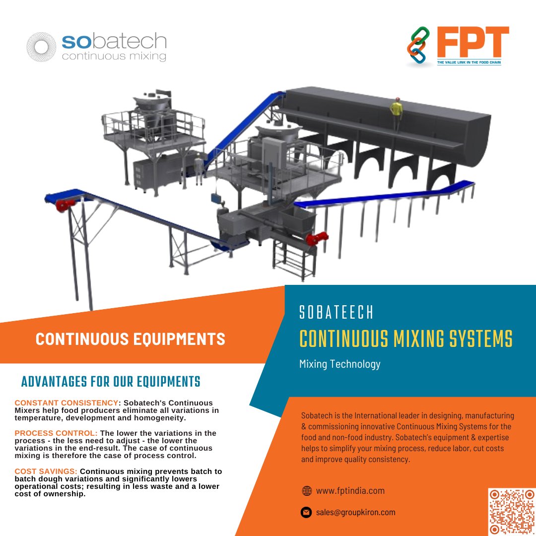 Continuous mixing prevents batch-to-batch dough variations and significantly lowers operational costs; resulting in less waste and a lower cost of ownership.

For More Information click here: fptindia.com/sobatech

#continuousmixing #foodprocessing #foodprocessingequipment