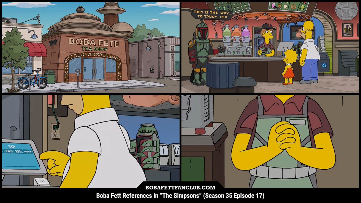 Last night's episode of #TheSimpsons featured #BobaFett references

Fun fact: the Aurebesh around the front of Boba Fete translates to 'easy Boba Fett pun,' noted right away by one of the writer/producers of the show (and BFFC follower), @mikepriceinla

#StarWars #DailyFett (1/2)