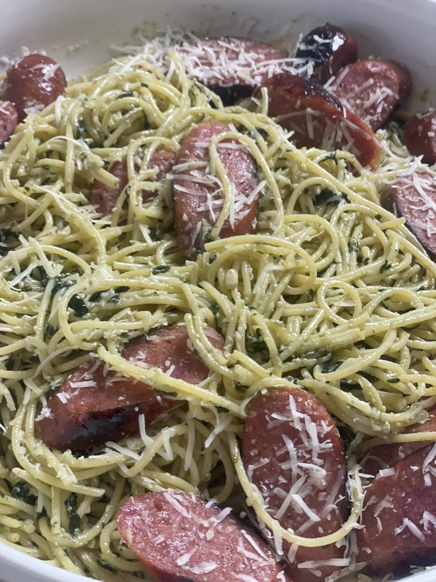 @BraydenCreation My recent photography involves food. This is pesto pasta with grilled apple sausage. The pesto sauce was made with a mortar that brings out the flavors in a way no food processor could.