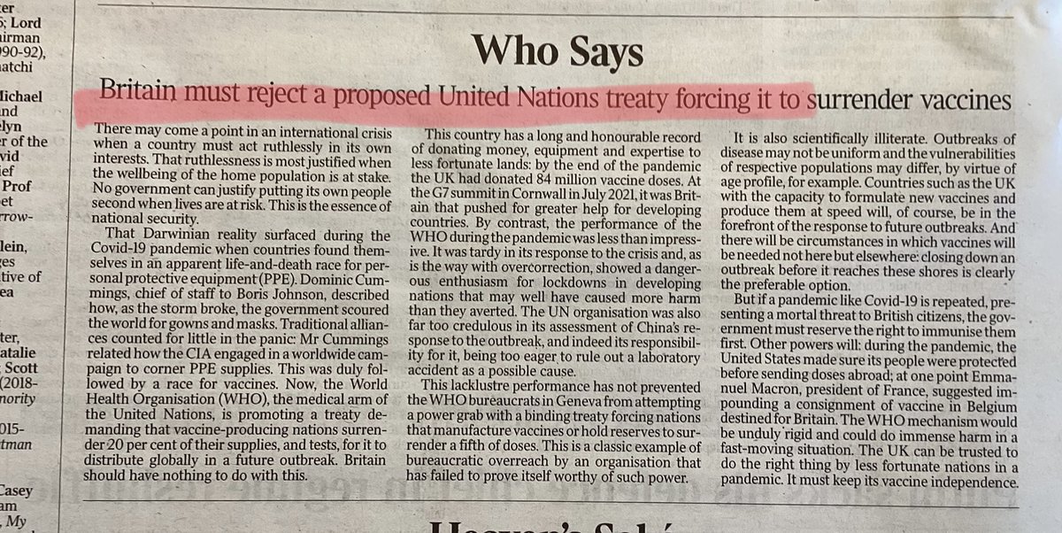 Even the pro-lockdown/ interventionist Times is now running editorials denouncing the @WHO's pandemic proposals. thetimes.co.uk/article/the-ti…