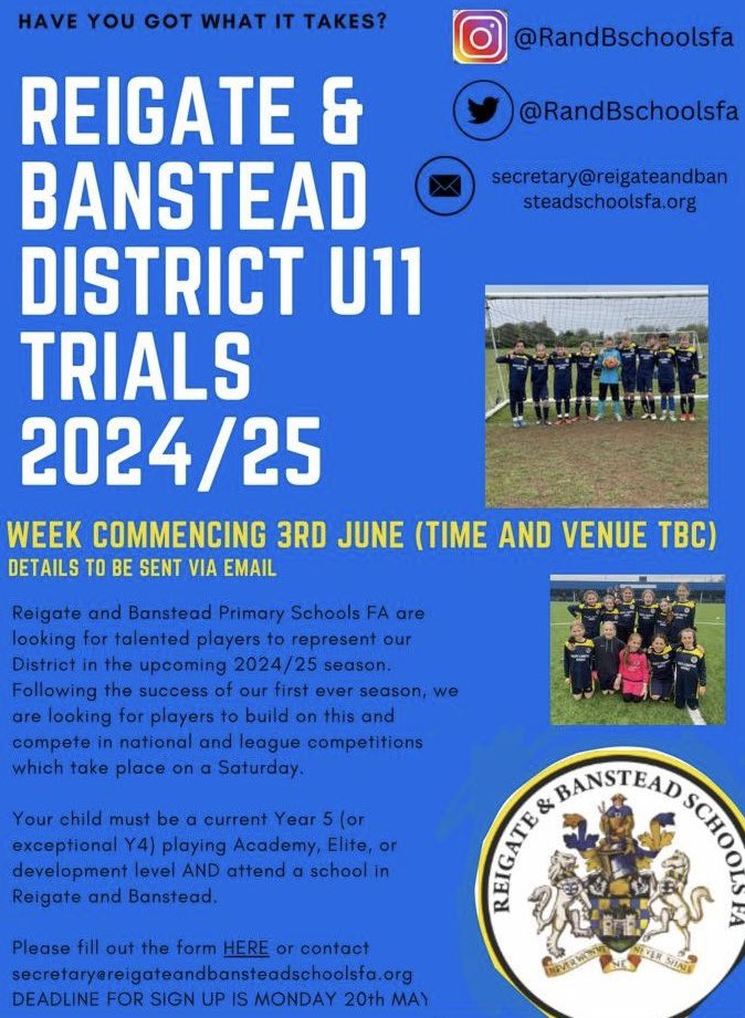Merstham FC 🤝 @RandBschoolsfa We’re delighted to announce that we are the Official Partner of Reigate & Banstead Schools FA. Nominations are open for their U11 boys’ & girls’ District teams for next season. For more information. 🔗 docs.google.com/forms/d/e/1FAI… #WeAreMerstham 🧡🖤
