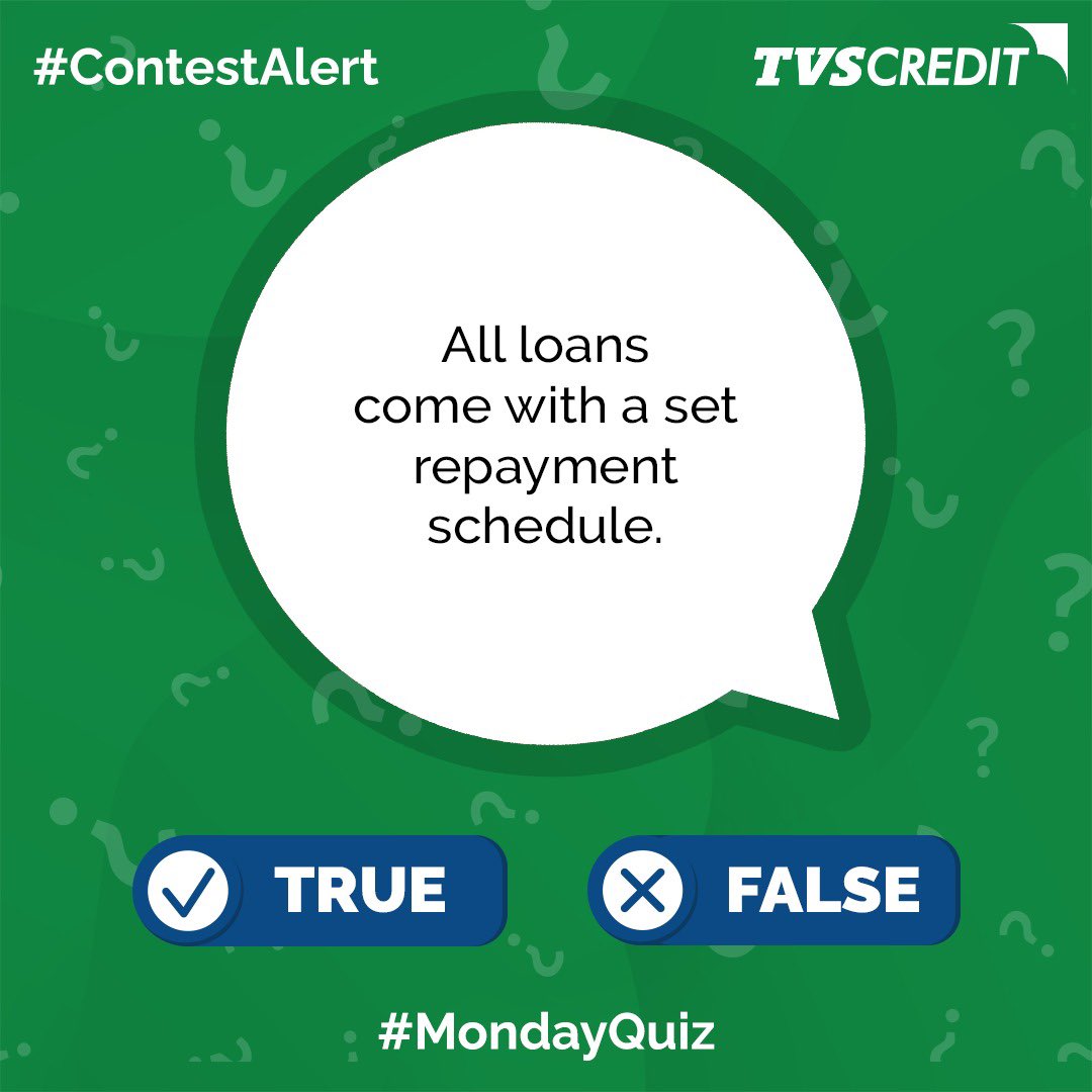 True or false? Do all loans come with a set repayment schedule?
Share your answer in the comments and stand the chance to win exciting vouchers! Don't forget to tag your friends and spread the word.

#TVSCredit #SmartCustomer #TrueOrFalse #FactChecks #Awareness #ContestAlert