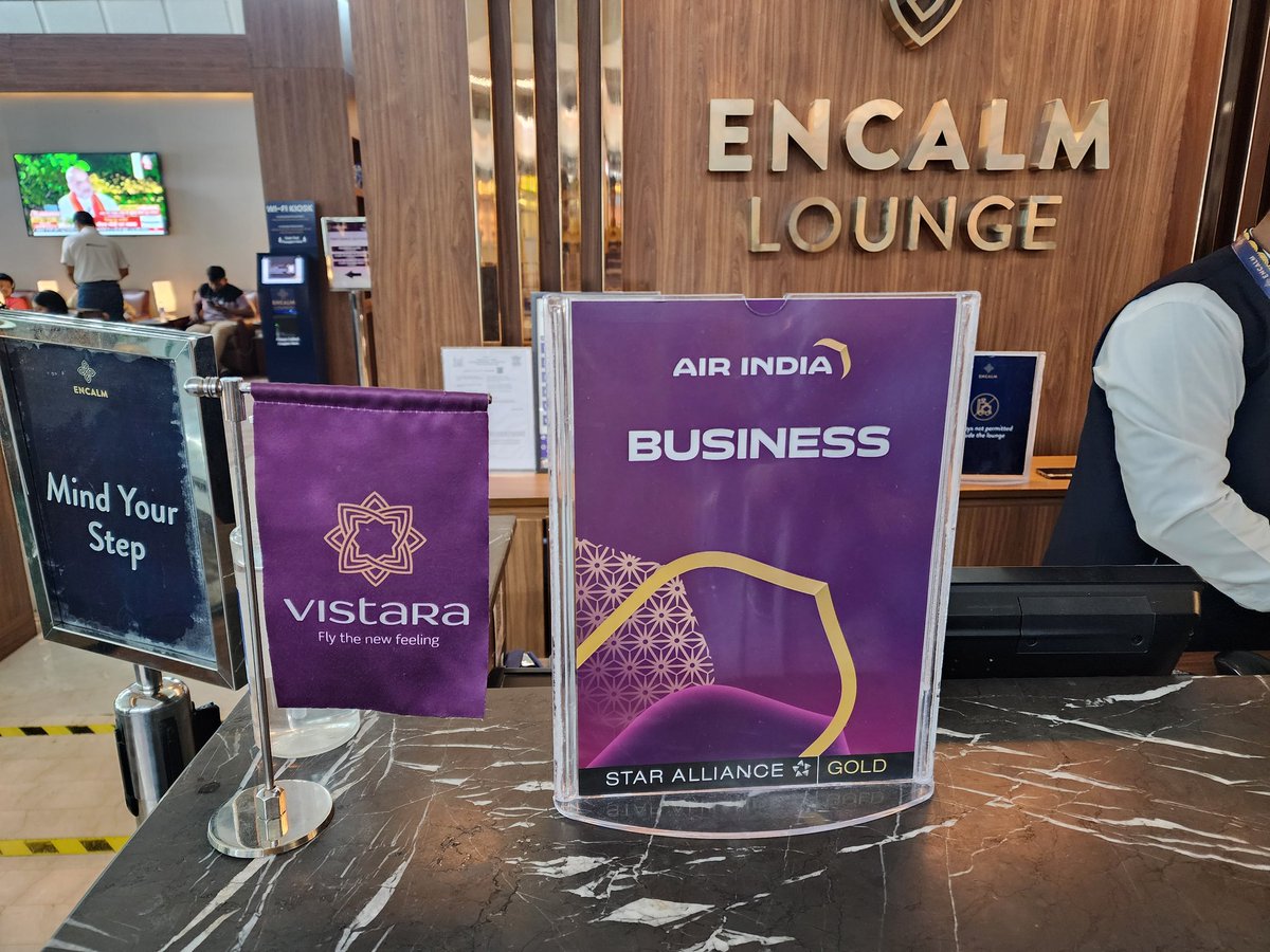 One glance at these placards spotted at the @EncalmIndia lounge in #Delhi - @DelhiAirport and you know @airvistara's signature aubergine has found its rightful place in @airindia. Plans for transition of people & aircraft (among other things) are to be revealed shortly. #AvGeek