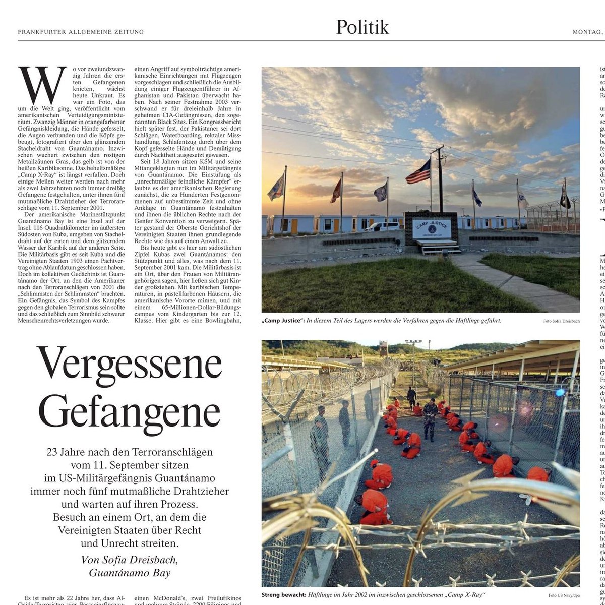 "So viele Jahre nach den Terroranschlägen von 2001, die die Vereinigten Staaten in ihren Grundfesten erschütterten, bleibt Guantánamo ein Ort der grundlegenden Fragen: von Recht und Unrecht, Rechenschaft und Gerechtigkeit..."

<a href="/SofiaDreisbach/">Sofia Dreisbach</a> <a href="/faznet/">Frankfurter Allgemeine</a>: zeitung.faz.net/webreader-v3/i…