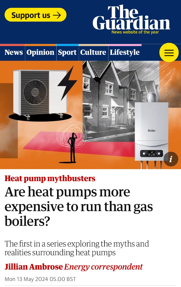 Heat pumps can be a lot cheaper to run than gas boilers. The Guardian wrote their first article in a series on heat pump myths drawing heavily on my and @RegAssistProj analysis. theguardian.com/business/artic…