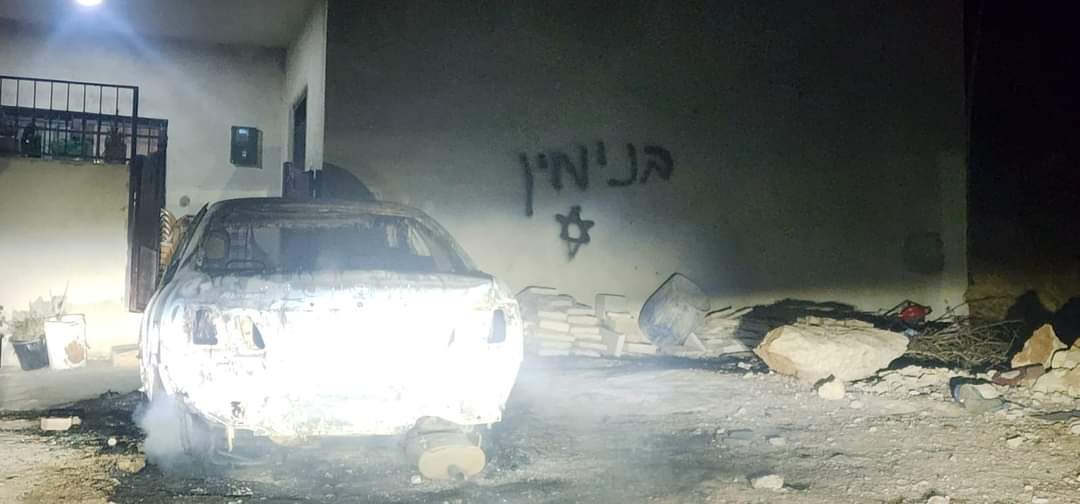 Third hate crime reported in the village of Jalud in the past 24 hours. Settlers set a vehicle on fire and sprayed hate speech graffiti. Even on National Memorial Day, the violent crimes of the settlers persist. Photos: Jalud Village Council.