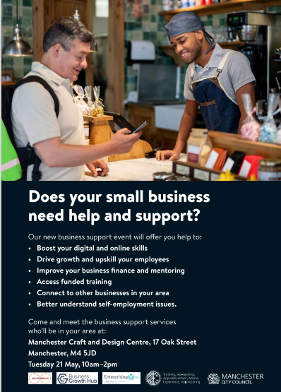 Are you a small or medium size independent business and would like some free business advice and support then come along to the Craft and Design center Manchester M4 5JD on Tuesday 21 May 10amto 2pm and meet business support services from The Growth company and BIPC