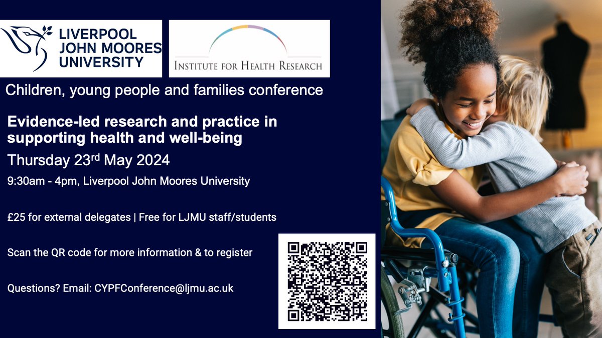 Lawrence Foweather (@lozfo) on Twitter photo Want to learn more about supporting child health?
Registration for our 2nd <a href="/LJMU_IHR/">LJMU Institute for Health Research</a> Children, Young People and Families conference closes on Friday 17th May.
We'd love for you to join us!
ljmu.ac.uk/research/centr… Want to learn more about supporting child health?
Registration for our 2nd <a href="/LJMU_IHR/">LJMU Institute for Health Research</a> Children, Young People and Families conference closes on Friday 17th May.
We'd love for you to join us!
ljmu.ac.uk/research/centr…