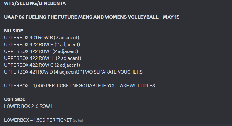GingerAllWs's tweet photo. WTS/SELLING/BINEBENTA UAAP GAME 2

NU SIDE
UPPERBOX 401 ROW B (2 adjacent)
UPPERBOX 422 ROW H (2 adjacent)
UPPERBOX 422 ROW I (2 adjacent)
UPPERBOX 422 ROW  H (2 adjacent)
UPPERBOX 422 ROW G (2 adjacent)
UPPERBOX 421 ROW D (4 adjacent)

UST 
SIDELOWER BOX 216 ROW I

#UAAPSeason86 https://t.co/frK9eCpD5E