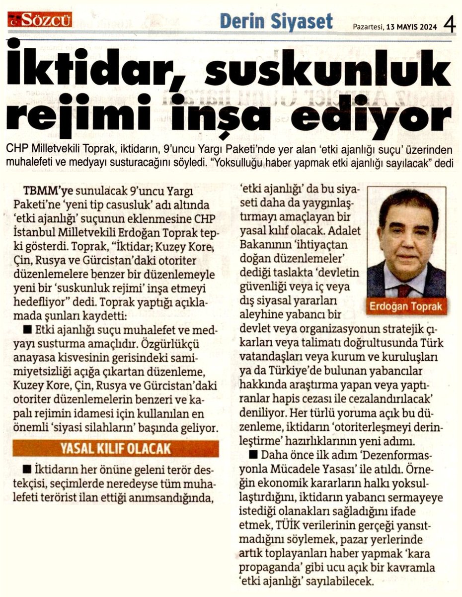 İktidar; Kuzey Kore, Çin, Rusya ve Gürcistan'daki otoriter düzenlemelere benzer bir düzenlemeyle yeni bir suskunluk rejimi inşa etmeyi hedefliyor. @gazetesozcu