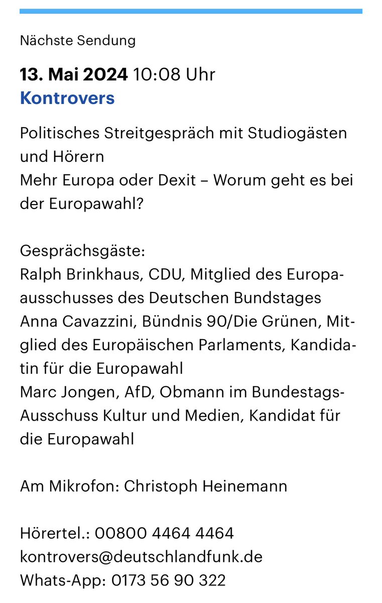Gleich um 10:08 bei @DLF: Ich streite zum Thema 'Mehr Europa oder Dexit – Worum geht es bei der Europawahl?' mit @rbrinkhaus (CDU) und Marc Jongen (AfD). Hört zu und schickt eure Fragen! deutschlandfunk.de/kontrovers-100…