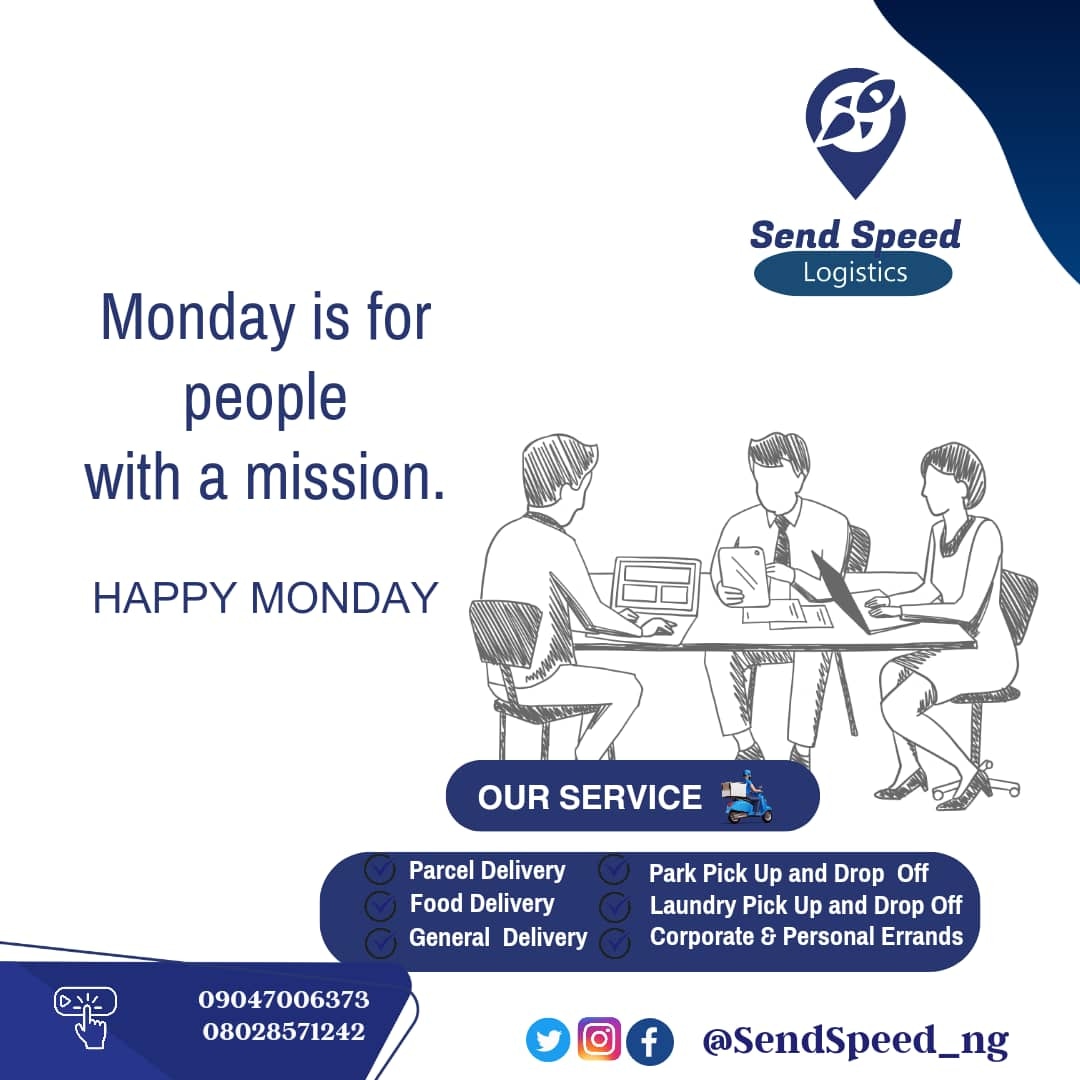 This Monday,
stay Positive...
🛵🛵🛵

Hello Monday
@SendSpeed_ng cares
Your Reliable Partner

Call Now
💌☎️09047006373 / 08028571242

#Everydayerrands
#happynewweek
#maydelivery #ududelivery #warridelivery #effurundelivery 
#deliveryservice #safedelivery #doorstepdelivery