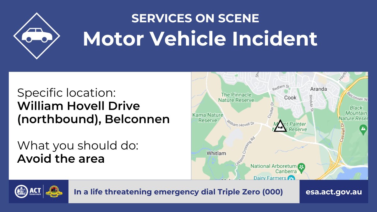 Motor Vehicle Incident - Belconnen A motor vehicle incident has occurred northbound on William Hovell Drive, 500 metres south of the Coulter Drive intersection in Belconnen. One northbound lane is currently closed, please avoid the area. esa.act.gov.au/node/6178