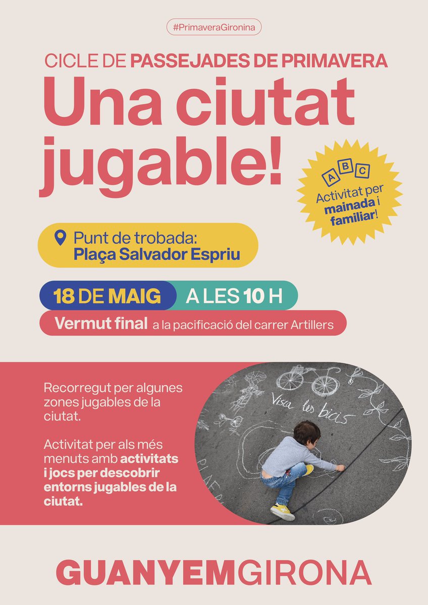 🌸☀️ Bon dia! Aquest dissabte arriba l'última Passejada de Primavera. 👧🧩 Una activitat per mainada i familiar on descobrirem a través del joc algunes zones jugables de la ciutat. 🙌 Acabarem amb un vermut i activitats a la pacificació de l'Escola Bruguera!