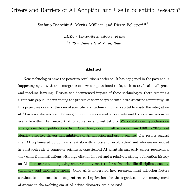 Drivers and barriers to the adoption of AI in science Cool econometric analysis of individual / institutional drivers of AI adoption in science.