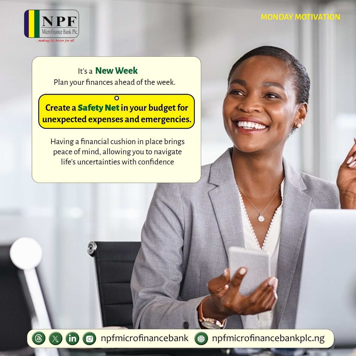 Embrace the new week with a proactive mindset! Take time to plan your finances ahead, creating a safety net for any unexpected twists life may throw your way. Have a great week! 
#FinancialPlanning #PeaceOfMind #NewWeekNewGoals