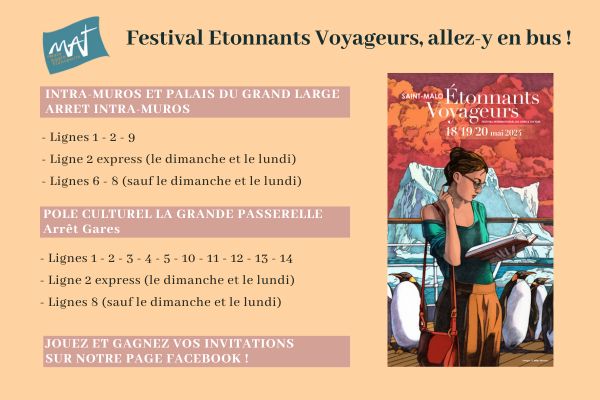 📚📽️A l'occasion du festival Etonnants Voyageurs du 18 au 20 mai 2024, le réseau MAT organise un jeu pour gagner des invitations d'une journée pour 2 personnes 🎁! 
👉Pour participer, rendez-vous sur la page Facebook MAT jusqu'au mercredi 15 à 16h ! 
🍀Bonne chance à tous !