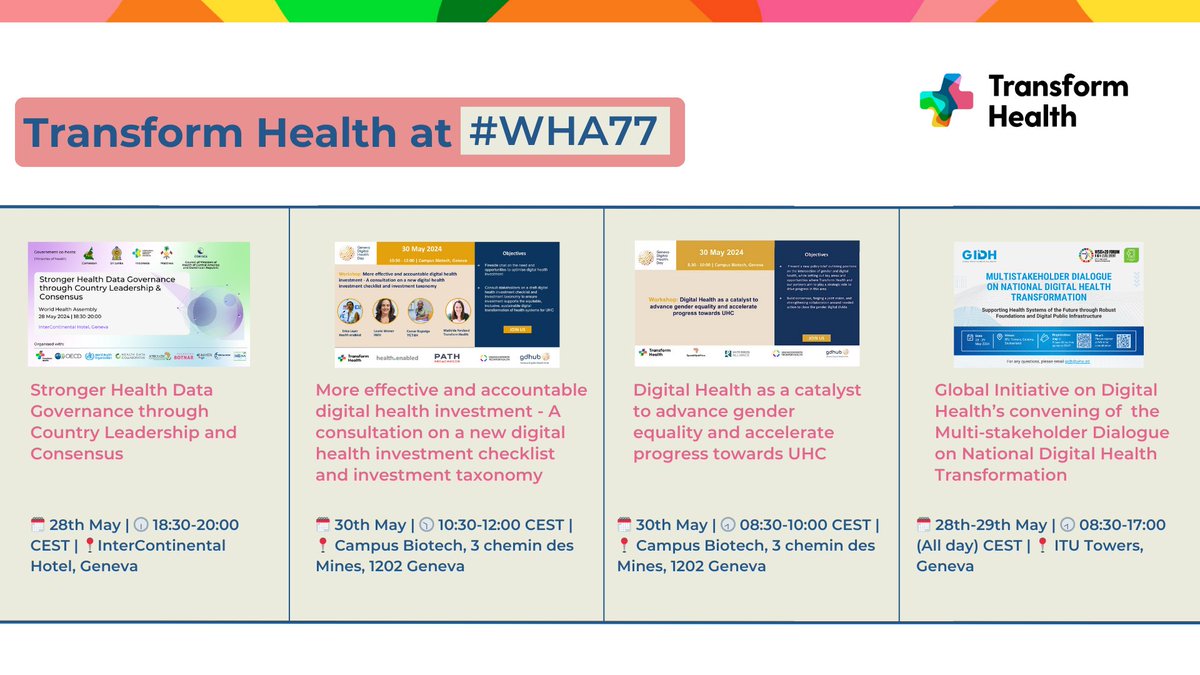 📣 @trans4m_health at #WHA77 SIDE-EVENT 🏦Stronger #healthdatagovernance OTHER ENGAGEMENTS 💰More effective #digitalhealthinvestment 👥Digital health to advance #genderequality 🗣 National #digitalhealth transformation #WHA77 newsletter to learn more: buff.ly/4bgIn7s
