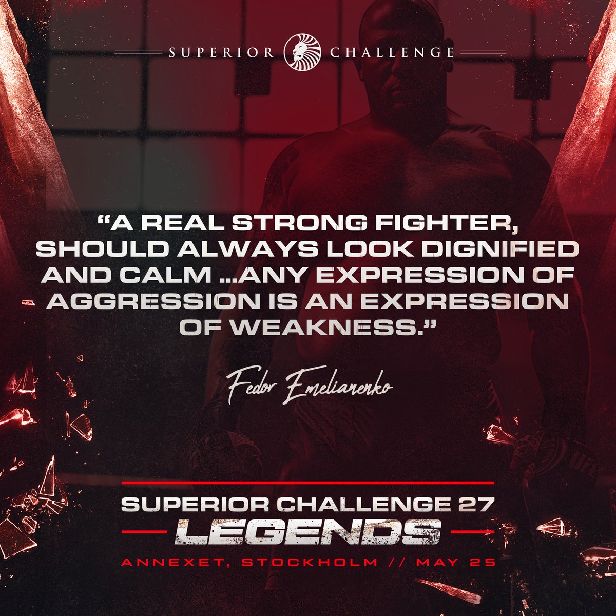 Embrace the warrior's mindset!

"A real strong fighter, should always look dignified and calm ...any expression of aggression is an expression of weakness." - Fedor Emelianenko

#SuperiorChallenge #MMA #WarriorMindset #NeverGiveUp #Fearless #Motivation #FedorEmelianenko