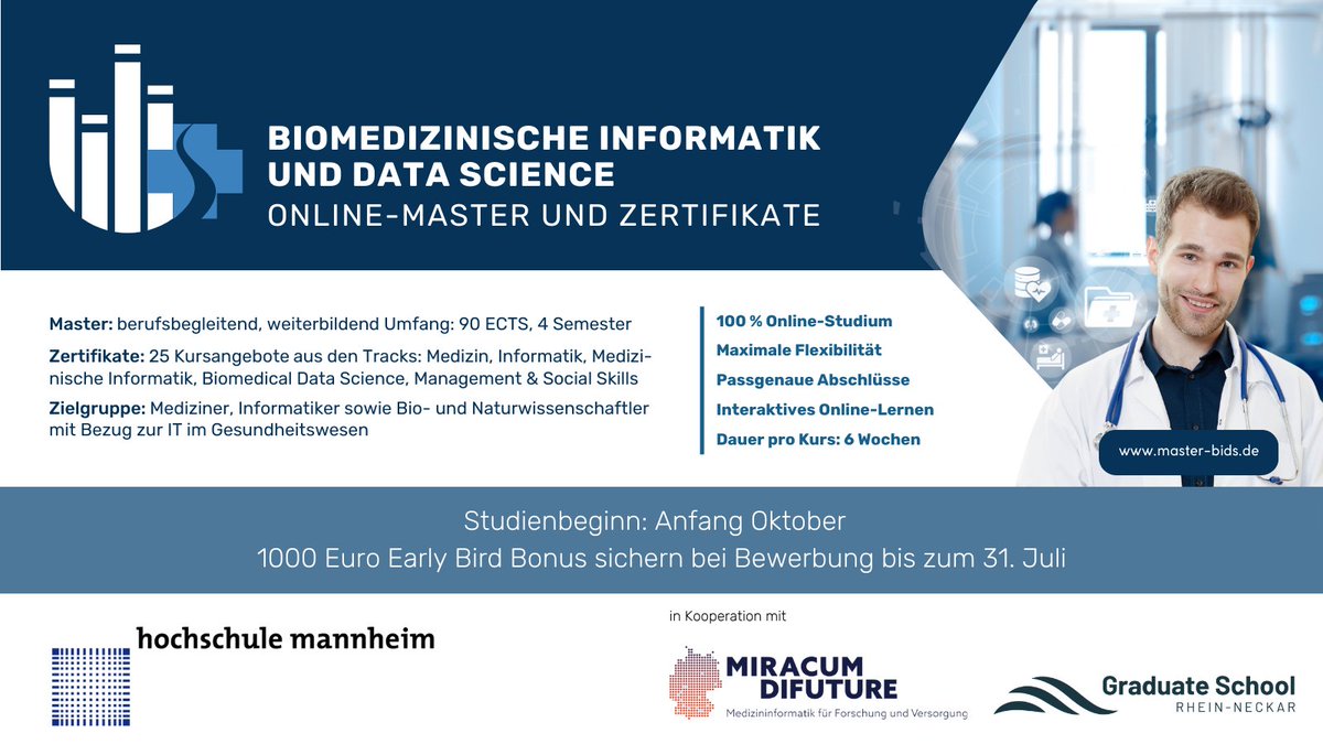 📢Berufsbegleitende Aus-/Weiterbildung in #Medizininformatik & #MedicalDataScience. Jetzt informieren! 🧐Die nächste #MasterBIDS ℹ️-Session findet am 16.05.24 ab 16:30 Uhr statt. Meet-Link: meet.google.com/jdj-iqvt-ifg. @MIRACUM_de @DIFUTUREde @MII_Germany master-bids.de