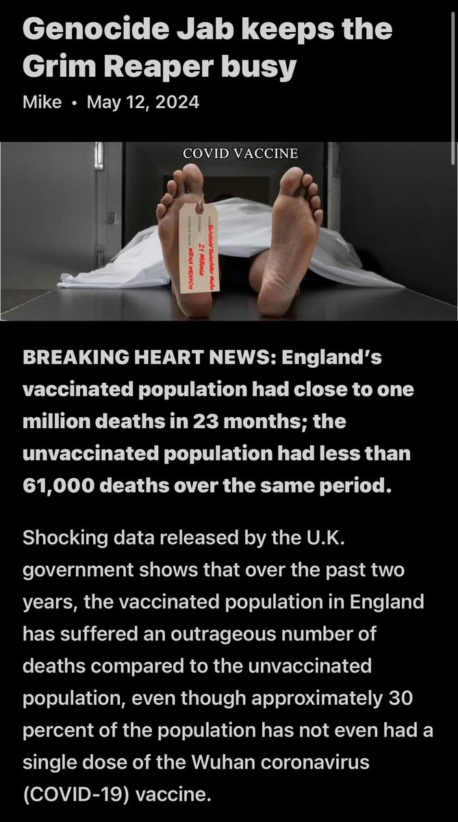Denachtzuster1's tweet photo. 12/5/24 - ondertussen in Engeland: één miljoen sterfgevallen binnen 23 maanden in de gevaccineerde groep en minder dan 61.000 doden in de ongevaccineerde groep https://t.co/vYMwi3hH7H https://t.co/mEJZZN1IHc