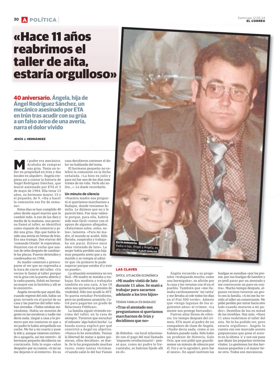 El 3 de mayo de 1984 #ETA asesinó a Ángel Rodríguez Sánchez, un mecánico padre de tres hijos. Acudió con su grúa a un falso aviso de avería y fue asesinado por la organización terrorista. Tras el asesinato 'estuvimos solos, solos, solos', cuenta su hija Ángela. #Memoria