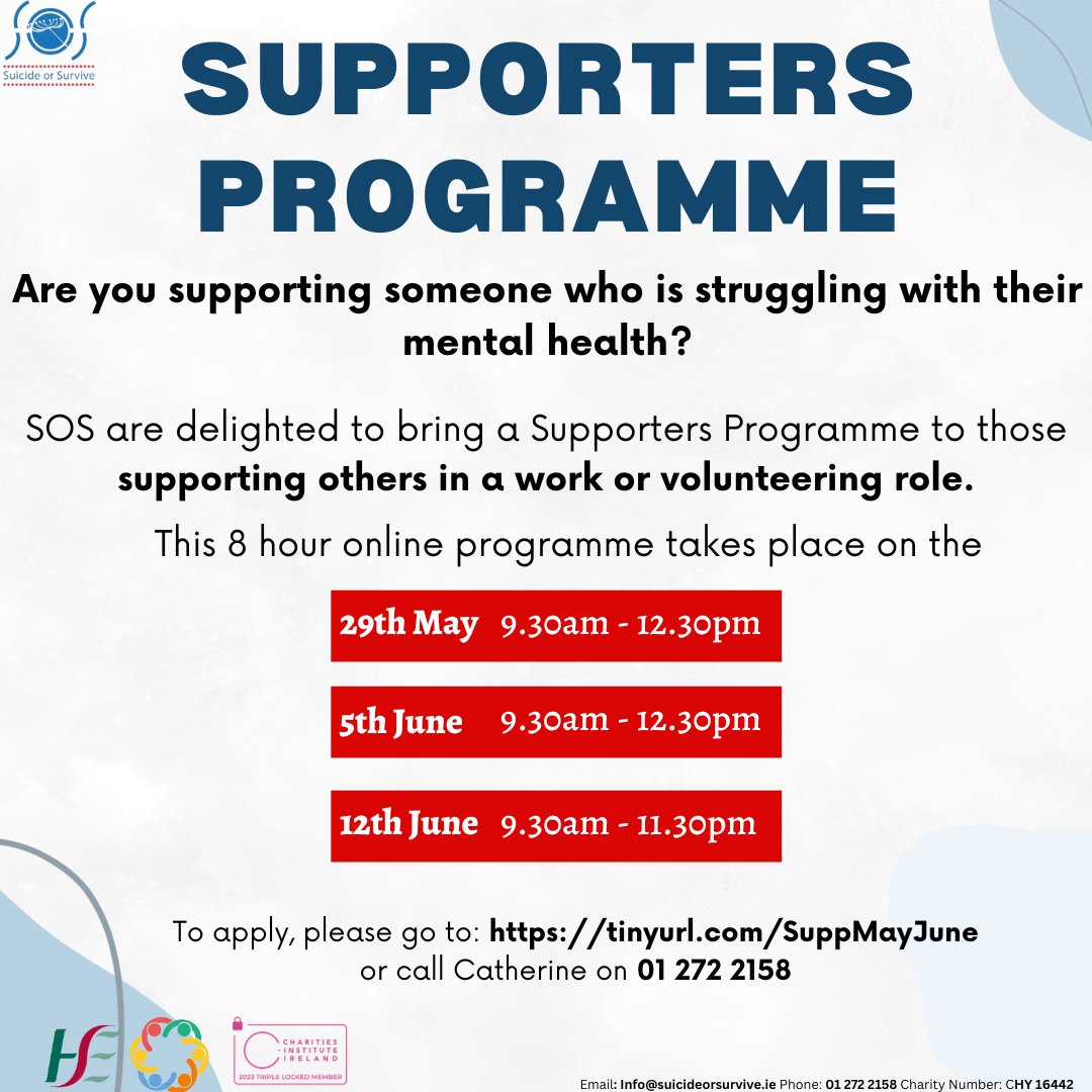 Are you working or volunteering in a role where you are supporting a person who is struggling with their mental health? Would you like to learn practical skills to enhance how you support them? You can register by visiting tinyurl.com/SuppMayJune