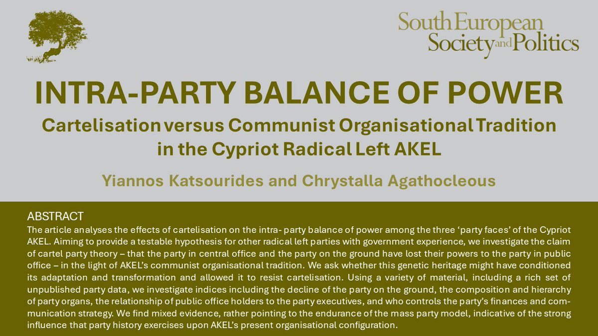 📢In our #NewIssue!📢 🇨🇾 🆓 ‘Intra-party Balance of Power: Cartelisation versus Communist Organisational Tradition in the Cypriot Radical Left #AKEL’ by @katsouridesy & Chrystalla Agathocleous Read it here #FreeAccess until the end of June⏳⬇️ tandfonline.com/doi/full/10.10…
