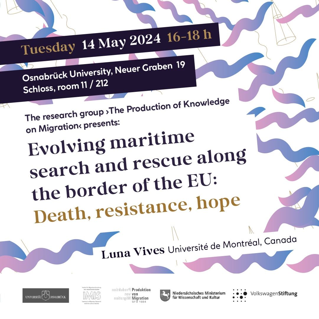Tomorrow, Luna Vives will present her work @UniOsnabrueck: 'Evolving maritime search and rescue along the border of the EU: Death, resistance, hope'. Welcome, @lunavives to @IMIS_UOS! #SFB1604