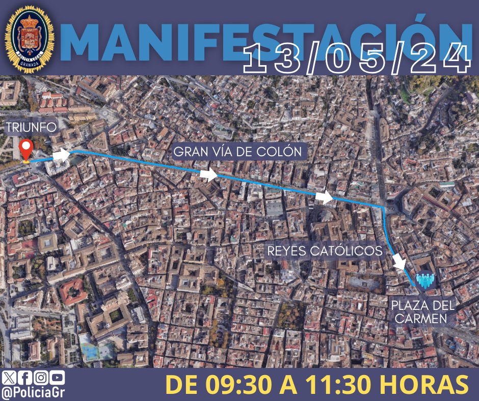 📢AVISO‼️ Hoy, de 9:30 a 11:30h, #MANIFESTACIÓN con recorrido desde Triunfo a plaza del Carmen. El itinerario previsto generará cortes y desvíos de tráfico en las vías y accesos al recorrido.